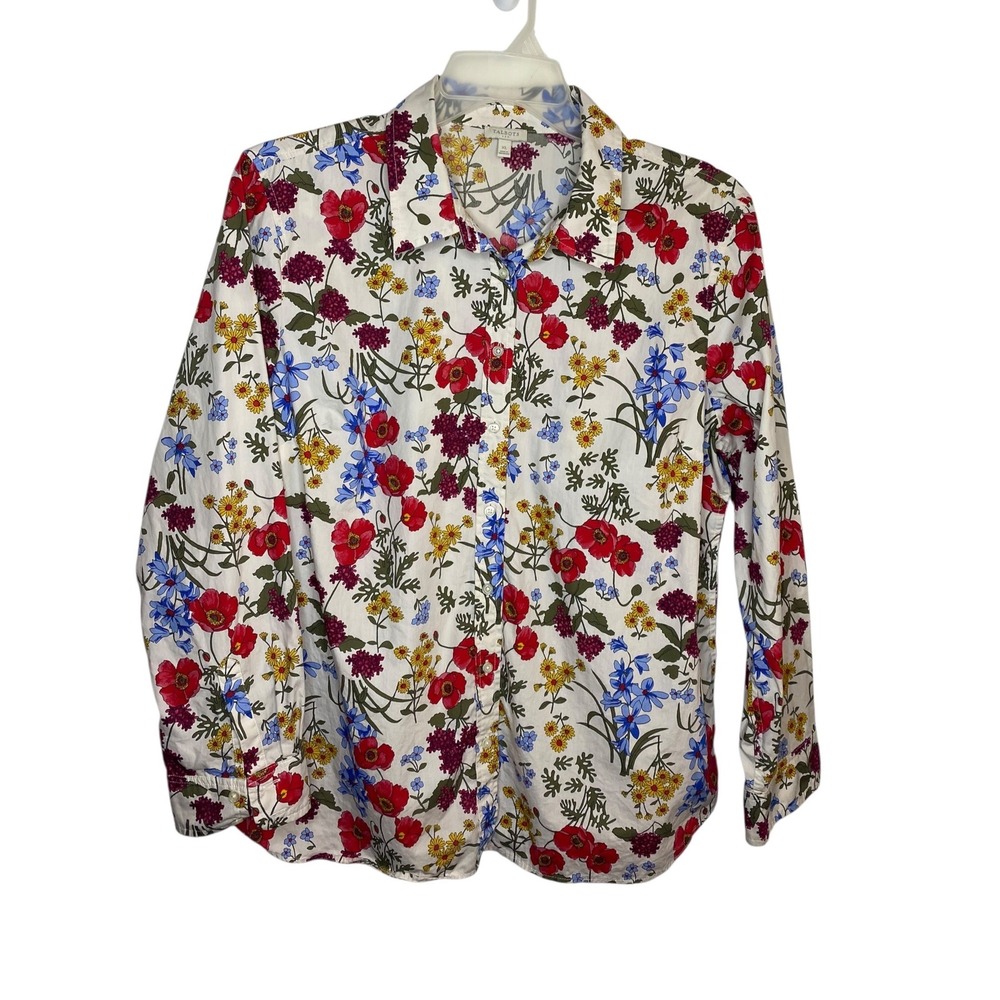 Talbots Womens XL Beige Red Blue Floral Cotton Long Sleeve Button Down Shirt